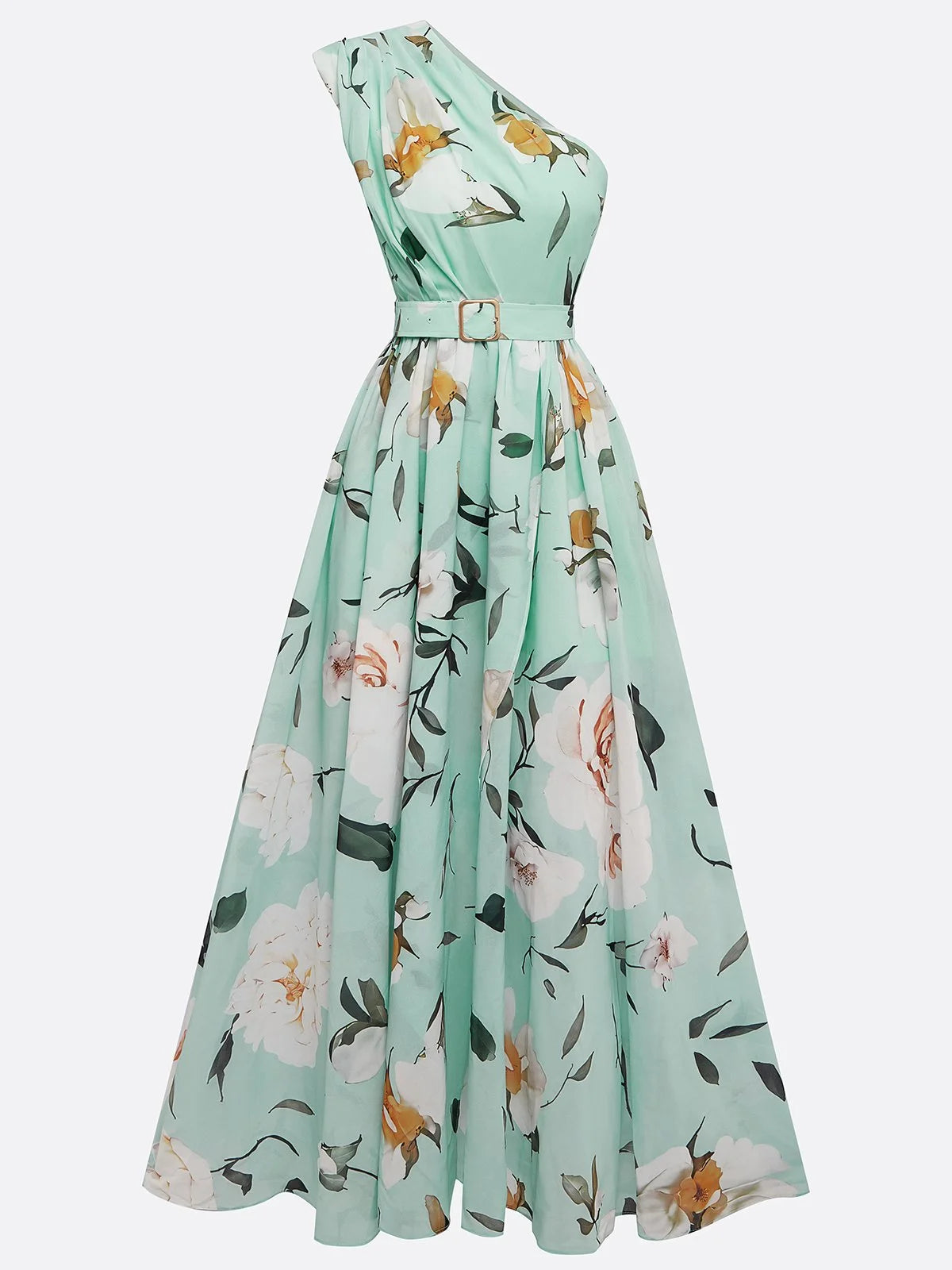 Weitese Dress Light Green Floral Ruched One Shoulder A-Line Maxi Chiffon Romantic Flower Printed Dress Maxi Dress